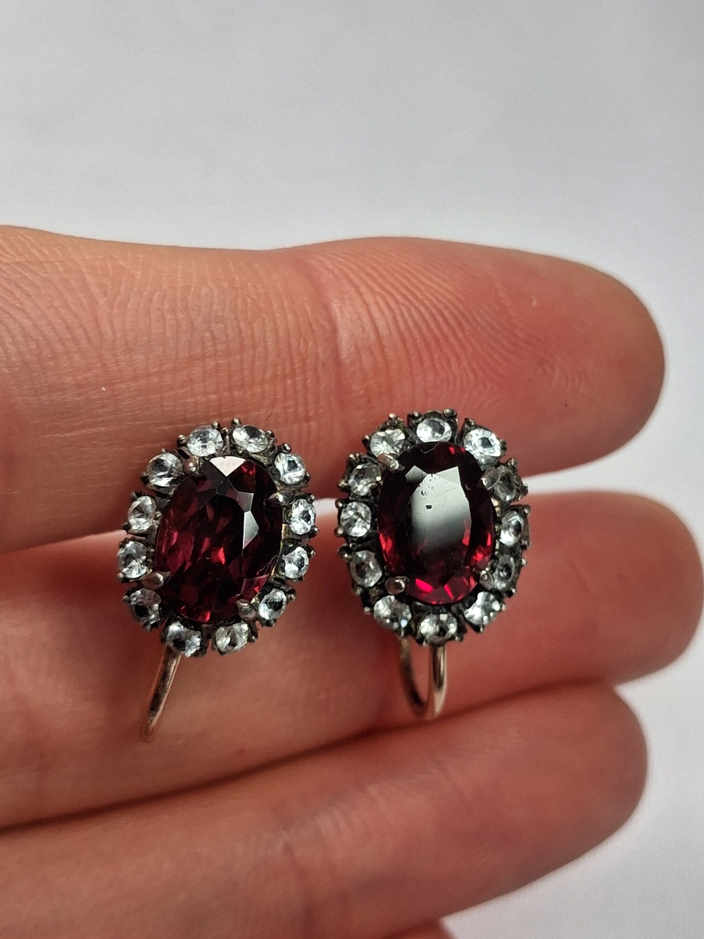 Antique Garnet And White Topaz  Halo Screw Back Earrings
